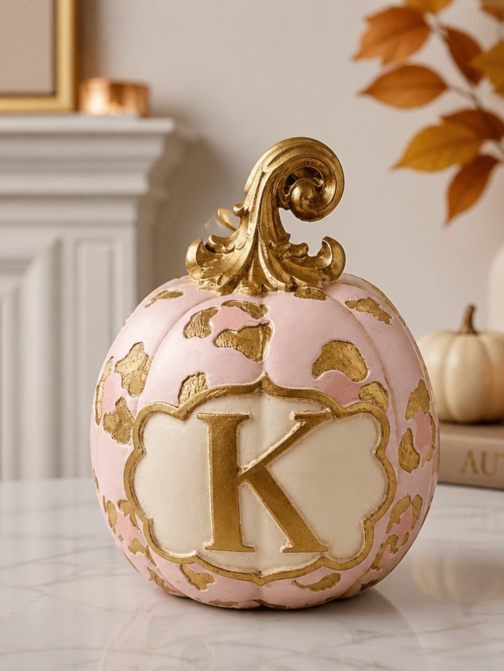 Pink and Gold Monogram Pumpkin Accent - Letter K